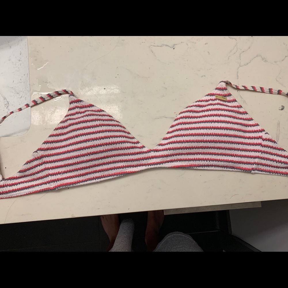 roxy pink, blue, and white striped bikini top